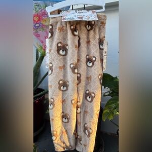 Fuzzy Bear-Print Kids Pajama Bottoms - Beige Plush Lounge Pants